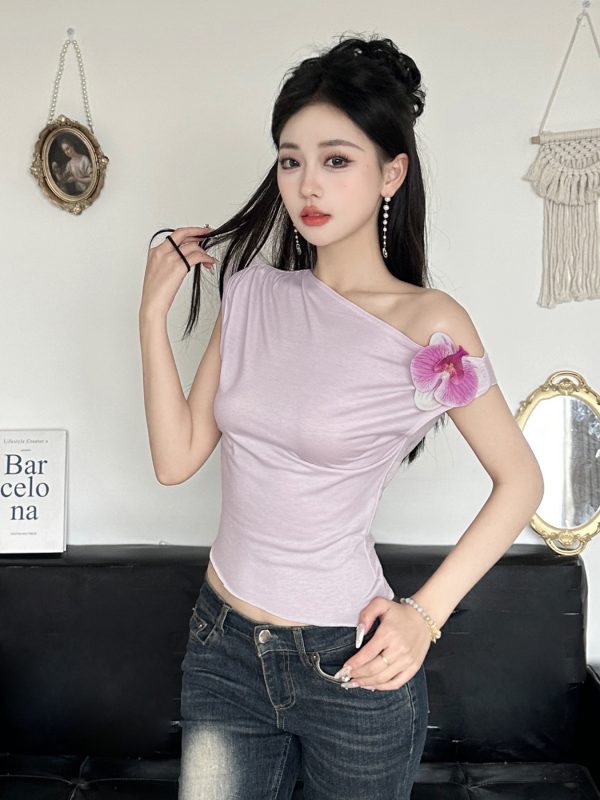 Butterfly Orchid 3D Flower Asymmetrical Off-Shoulder Top Women's Summer Waist-Defining T-Shirt - Y2K Floral Fashion
