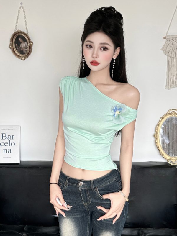 Butterfly Orchid 3D Flower Asymmetrical Off-Shoulder Top Women's Summer Waist-Defining T-Shirt - Y2K Floral Fashion