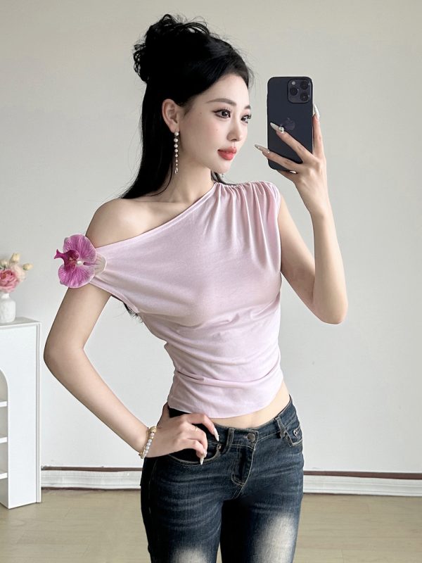 Butterfly Orchid 3D Flower Asymmetrical Off-Shoulder Top Women's Summer Waist-Defining T-Shirt - Y2K Floral Fashion