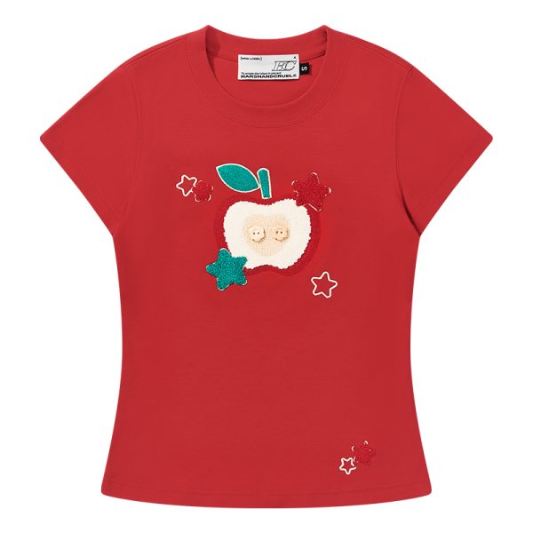 Cartoon Embroidered Plush Apple Stretchy Slim-Fit Round Neck Short Sleeve T-Shirt for Women - Y2K Style