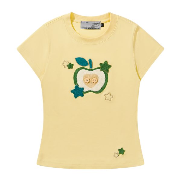 Cartoon Embroidered Plush Apple Stretchy Slim-Fit Round Neck Short Sleeve T-Shirt for Women - Y2K Style