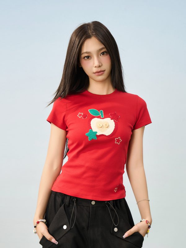 Cartoon Embroidered Plush Apple Stretchy Slim-Fit Round Neck Short Sleeve T-Shirt for Women - Y2K Style