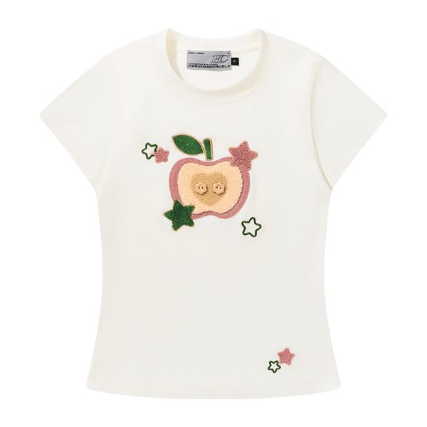 Cartoon Embroidered Plush Apple Stretchy Slim-Fit Round Neck Short Sleeve T-Shirt for Women - Y2K Style