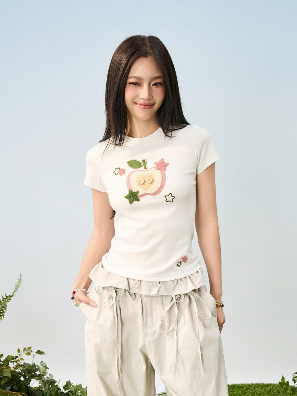 Cartoon Embroidered Plush Apple Stretchy Slim-Fit Round Neck Short Sleeve T-Shirt for Women - Y2K Style