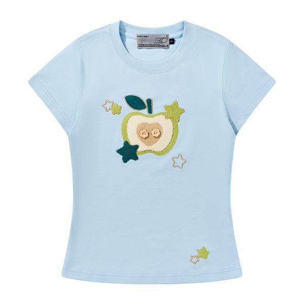 Cartoon Embroidered Plush Apple Stretchy Slim-Fit Round Neck Short Sleeve T-Shirt for Women - Y2K Style