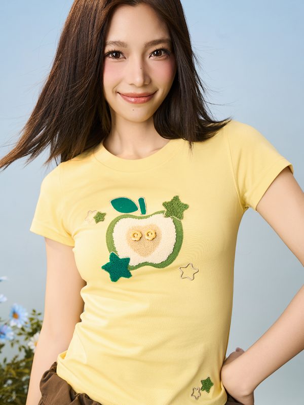Cartoon Embroidered Plush Apple Stretchy Slim-Fit Round Neck Short Sleeve T-Shirt for Women - Y2K Style