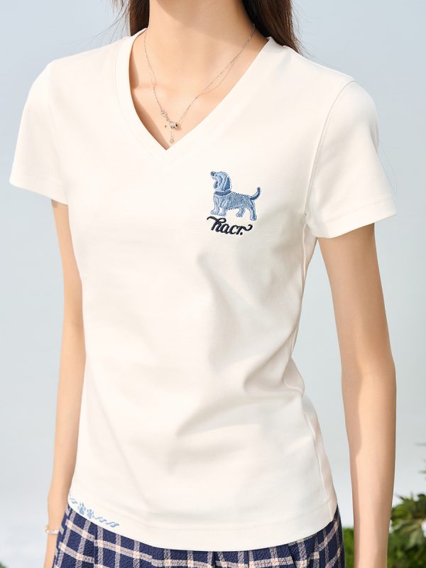 Cartoon Embroidered Small Dog Elastic Slim-Fit V-Neck Shoulder-Showing Short Sleeve T-Shirt for Women - Y2K Style