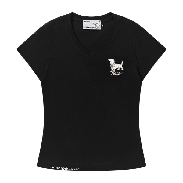 Cartoon Embroidered Small Dog Elastic Slim-Fit V-Neck Shoulder-Showing Short Sleeve T-Shirt for Women - Y2K Style