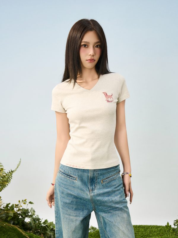 Cartoon Embroidered Small Dog Elastic Slim-Fit V-Neck Shoulder-Showing Short Sleeve T-Shirt for Women - Y2K Style