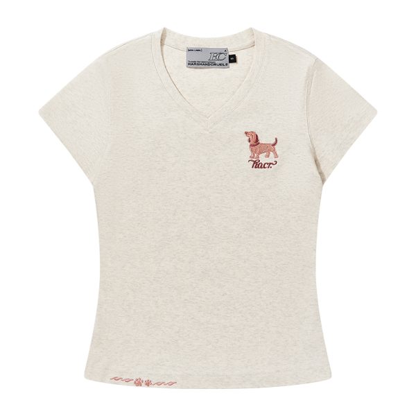 Cartoon Embroidered Small Dog Elastic Slim-Fit V-Neck Shoulder-Showing Short Sleeve T-Shirt for Women - Y2K Style