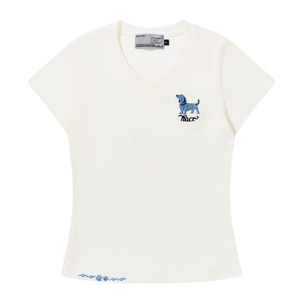 Cartoon Embroidered Small Dog Elastic Slim-Fit V-Neck Shoulder-Showing Short Sleeve T-Shirt for Women - Y2K Style