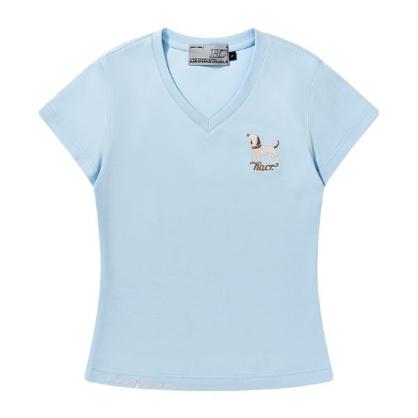 Cartoon Embroidered Small Dog Elastic Slim-Fit V-Neck Shoulder-Showing Short Sleeve T-Shirt for Women - Y2K Style