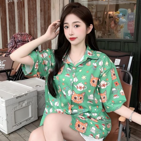 Cartoon Printed Short Sleeve Shirt for Girls - 2025 Summer Beach Top in Loose Hong Kong Style