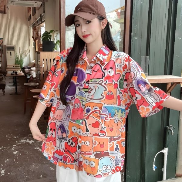 Cartoon Printed Short Sleeve Shirt for Girls - 2025 Summer Beach Top in Loose Hong Kong Style