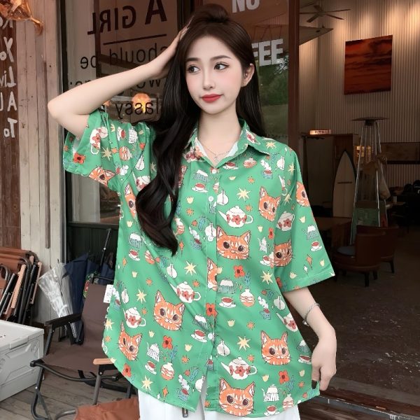 Cartoon Printed Short Sleeve Shirt for Girls - 2025 Summer Beach Top in Loose Hong Kong Style