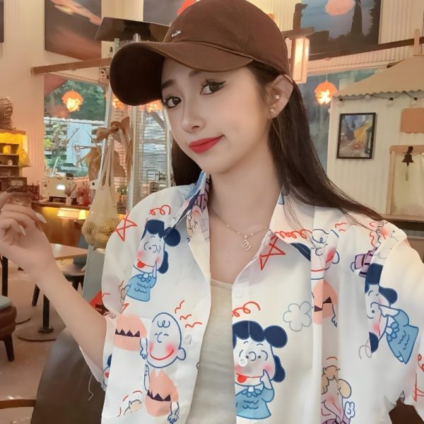 Cartoon Printed Short Sleeve Shirt for Girls - 2025 Summer Beach Top in Loose Hong Kong Style