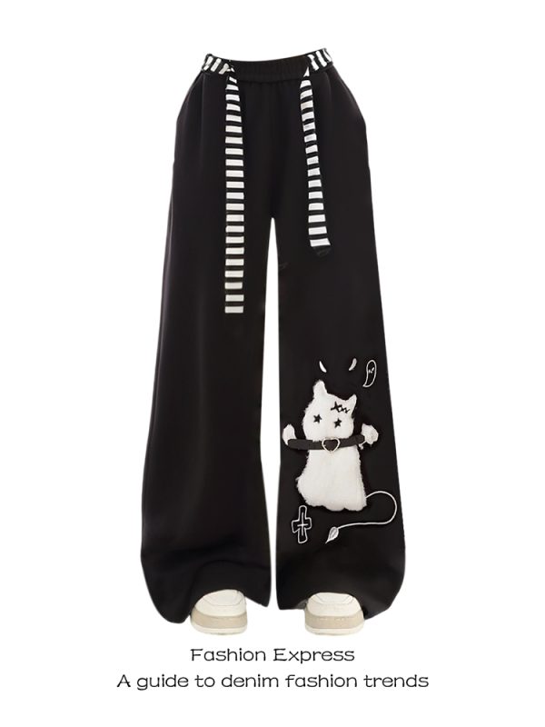 Casual Black Wide-Leg Sweatpants for Women - American Halloween Style, Autumn Winter Subculture Fashion, Cozy Sports Pants