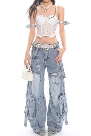 Casual Day Outfits, Easy Trendy Outfits Angelcore Sheer Lace Corset Top
