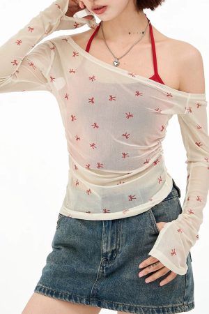 Casual Day Outfits, Easy Trendy Outfits Balletcore Aesthetic Bow Mesh Top