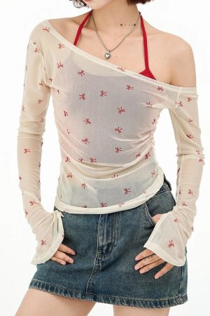 Casual Day Outfits, Easy Trendy Outfits Balletcore Aesthetic Bow Mesh Top