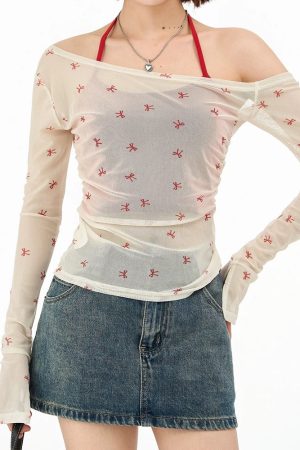 Casual Day Outfits, Easy Trendy Outfits Balletcore Aesthetic Bow Mesh Top