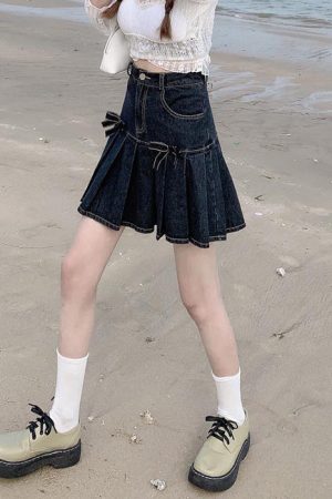 Casual Day Outfits, Easy Trendy Outfits Bow Denim Pleated Skirt