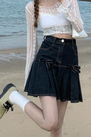 Casual Day Outfits, Easy Trendy Outfits Bow Denim Pleated Skirt