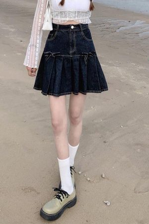 Casual Day Outfits, Easy Trendy Outfits Bow Denim Pleated Skirt