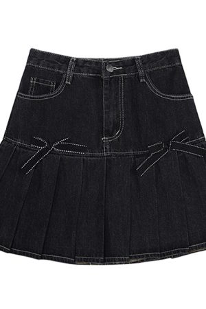 Casual Day Outfits, Easy Trendy Outfits Bow Denim Pleated Skirt