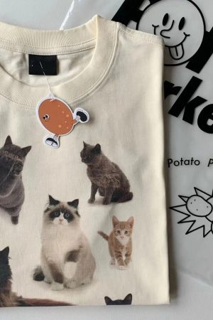 Casual Day Outfits, Easy Trendy Outfits Cat Print Aesthetic T-Shirt