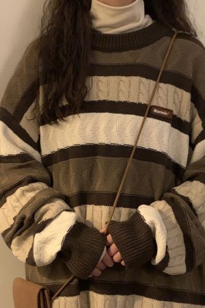 Casual Day Outfits, Easy Trendy Outfits Coffee Cream Striped Oversize Sweater