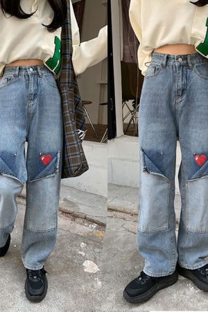 Casual Day Outfits, Easy Trendy Outfits Early 2000s Pixel Heart Wide Jeans