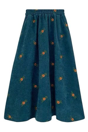 Casual Day Outfits, Easy Trendy Outfits Floral Embroidery Corduroy Skirt