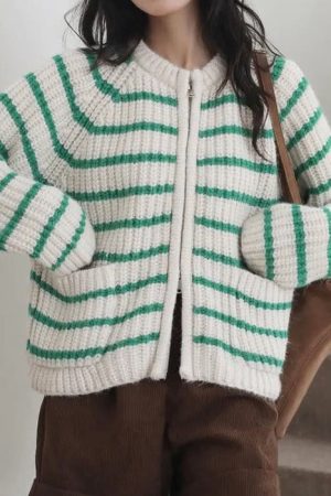 Casual Day Outfits, Easy Trendy Outfits French Mood Striped Cardigan