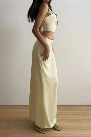 Casual Day Outfits, Easy Trendy Outfits French Summer Satin Top & Maxi Skirt Set