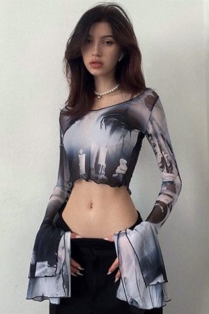 Casual Day Outfits, Easy Trendy Outfits Futuristic Flare Sleeves Mesh Top
