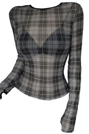 Casual Day Outfits, Easy Trendy Outfits Grunge Plaid Mesh Long Sleeve Top