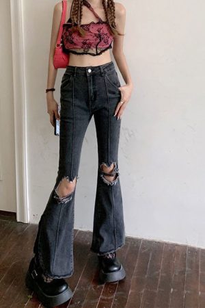 Casual Day Outfits, Easy Trendy Outfits Heart Cut Out Grunge Flare Jeans