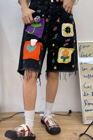 Casual Day Outfits, Easy Trendy Outfits Indie Aesthetic Crochet Flower Denim Shorts