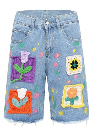 Casual Day Outfits, Easy Trendy Outfits Indie Aesthetic Crochet Flower Denim Shorts