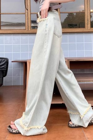 Casual Day Outfits, Easy Trendy Outfits Light Blue Frayed Wide-Leg Jeans
