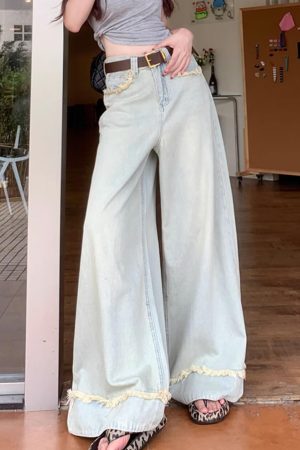 Casual Day Outfits, Easy Trendy Outfits Light Blue Frayed Wide-Leg Jeans