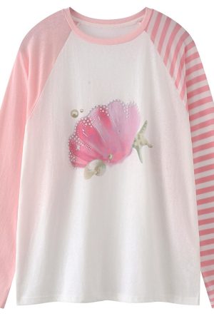 Casual Day Outfits, Easy Trendy Outfits Mermaidcore Graphic Long Sleeve Top