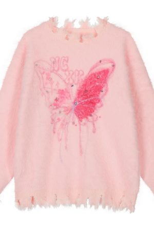 Casual Day Outfits, Easy Trendy Outfits Pastel Pink Butterfly Sweater