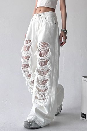 Casual Day Outfits, Easy Trendy Outfits Ripped Lace Baggy Jeans