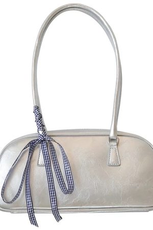 Casual Day Outfits, Easy Trendy Outfits Silver Shoulder Bag with Gingham Bow