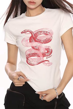 Casual Day Outfits, Easy Trendy Outfits Snake Graphic Fitted T-Shirt