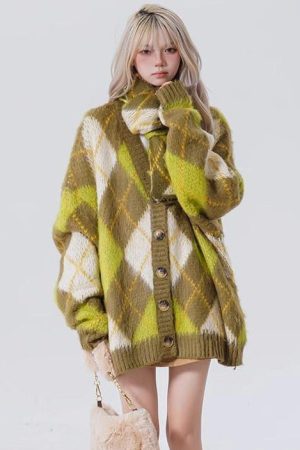 Casual Day Outfits, Easy Trendy Outfits Warm Vibes Green Argyle Cardigan Sweater
