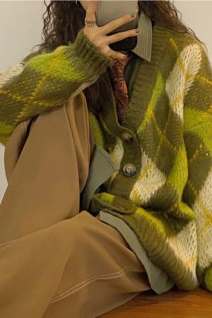 Casual Day Outfits, Easy Trendy Outfits Warm Vibes Green Argyle Cardigan Sweater