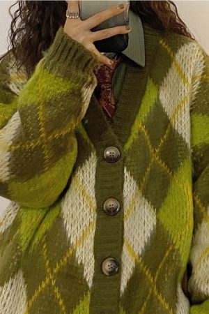 Casual Day Outfits, Easy Trendy Outfits Warm Vibes Green Argyle Cardigan Sweater